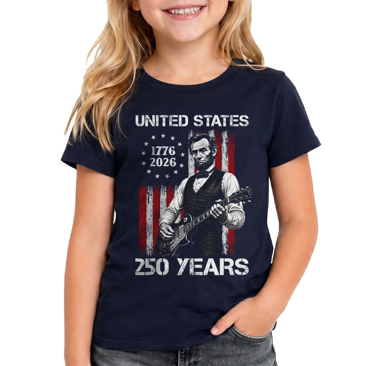 T-Shirt Kid Stars 1776-2026 America 250 Years Abraham Lincoln Guitar Boys Girls Tee - Rust Field Wear