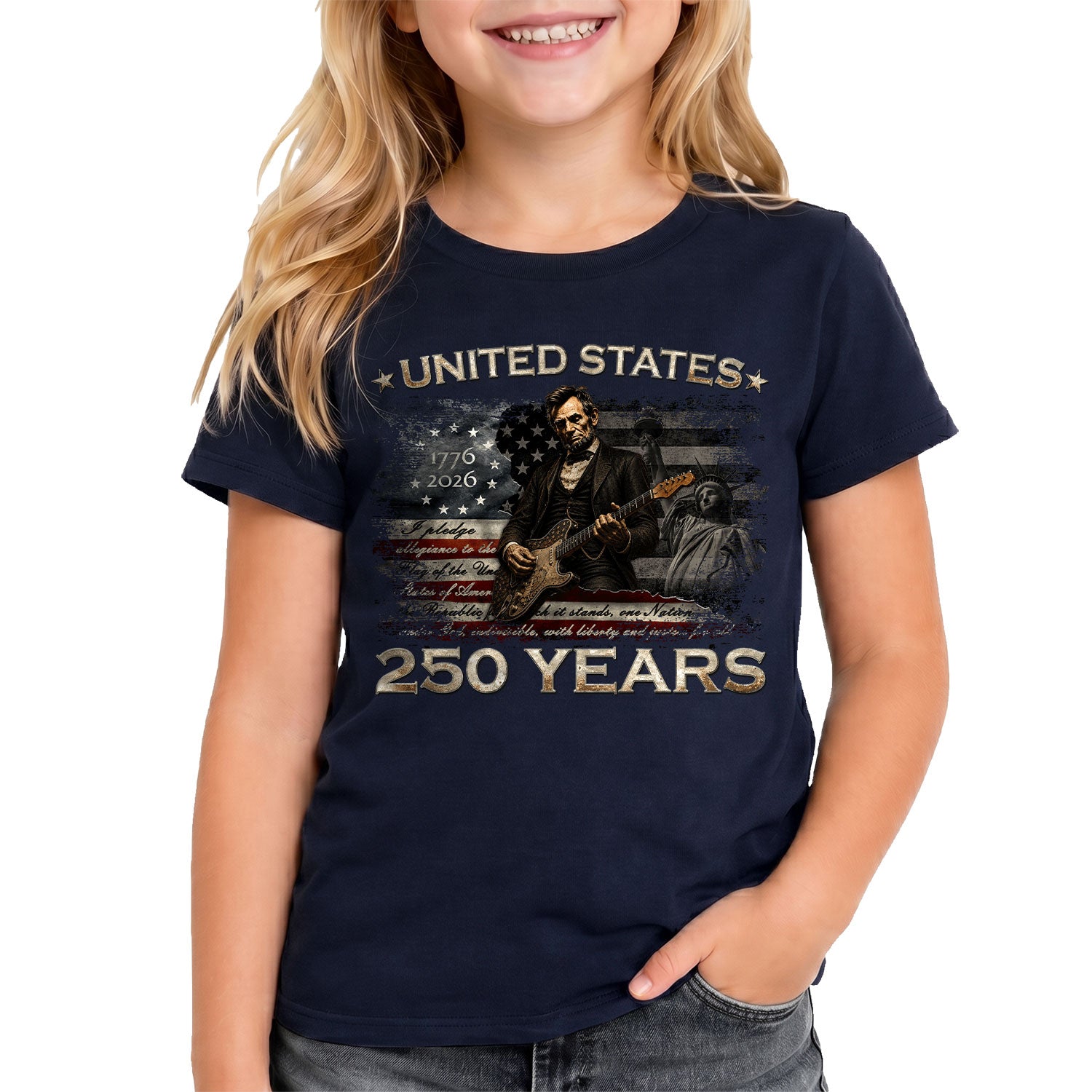 Kids America 250 Years T-Shirt 1776–2026 Lincoln Patriotic Guitar Youth Tee