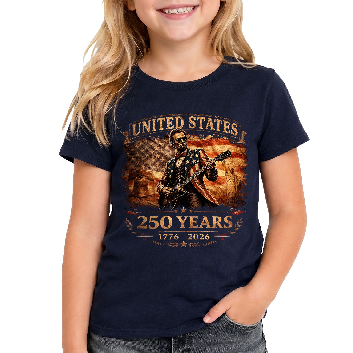 Kids America 250 Years T-Shirt 1776–2026 Lincoln Guitar Patriotic Youth Graphic Tee