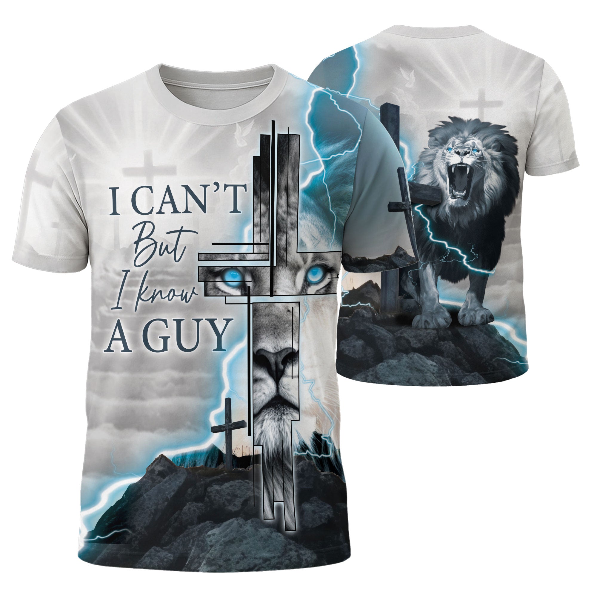 RustField Co, Lightning Roar I Can't But I Know A Guy Lion Cross - Christian Tee Shirts for Men, Freedom Shirts - Rust Field Wear