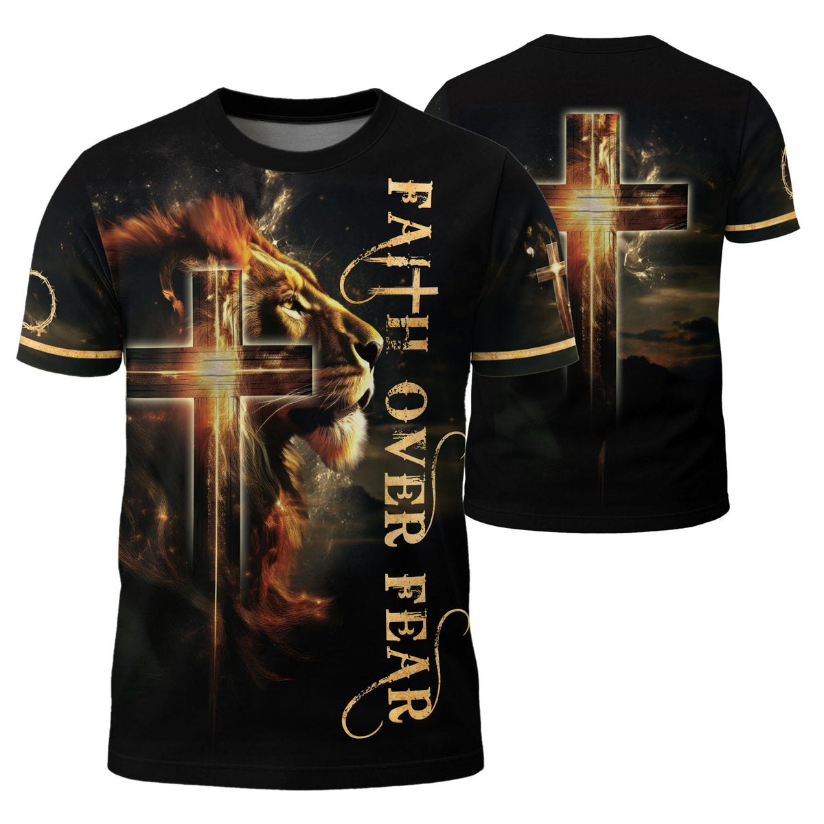 Christian Tee Shirts, Faith Over Fear Lion and Cross - Freedom Shirts for Men, RustField Co - Rust Field Wear