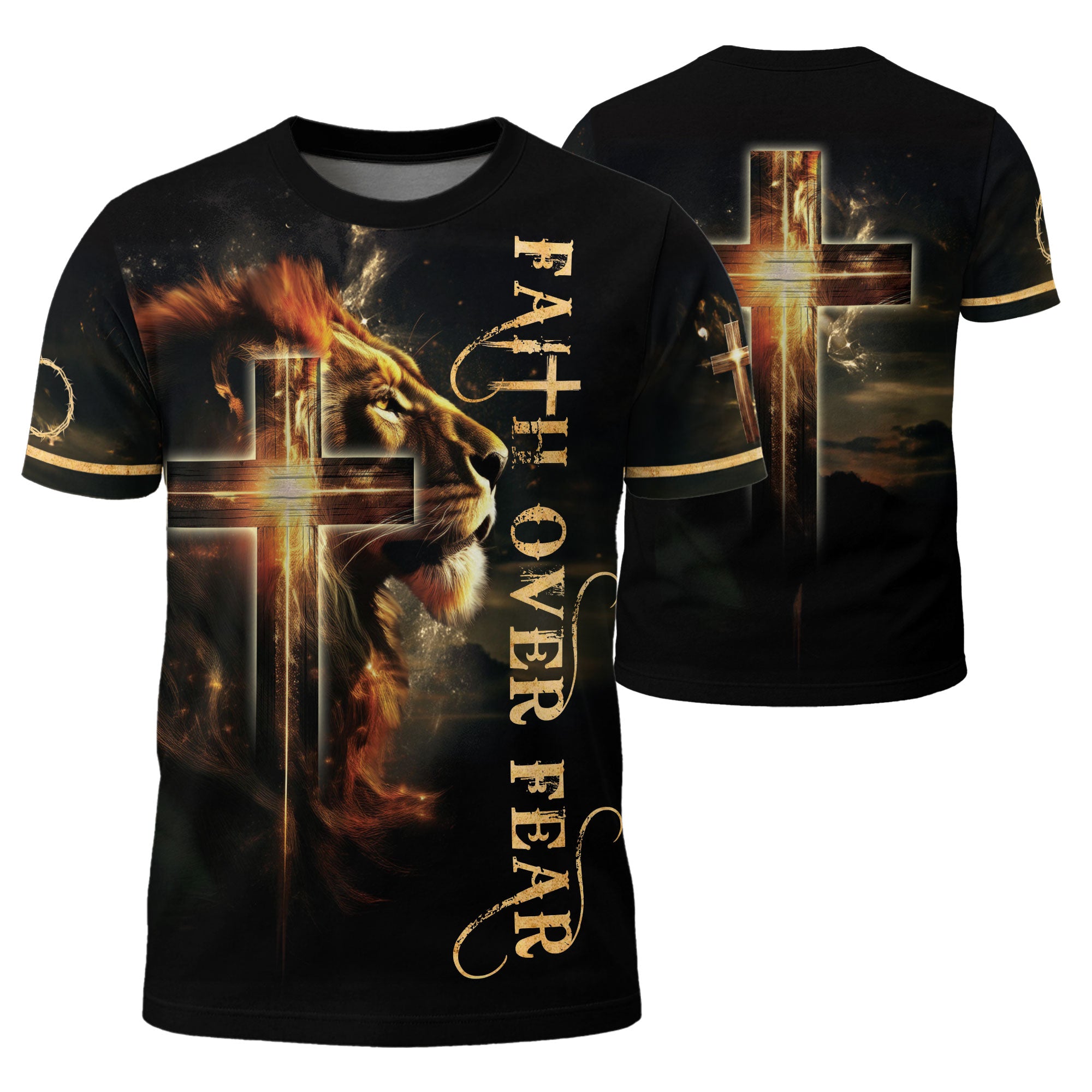 Christian Tee Shirts, Faith Over Fear Lion and Cross - Freedom Shirts for Men, RustField Co - Rust Field Wear