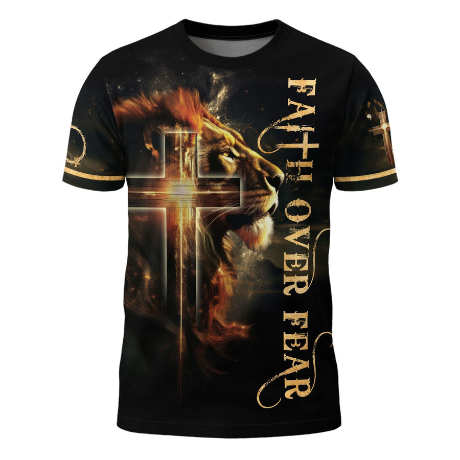 Faith Over Fear Lion and Cross Jesus Shirt, Graphic Tee for Men, Christian Tee Shirts, Inspirational Faith Apparel for Men, Rustfield Co.