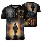Christian Tee Shirts, Faith Over Fear Jesus Walks On Water Patriotic - Freedom Shirts for Men, RustField Co - Rust Field Wear