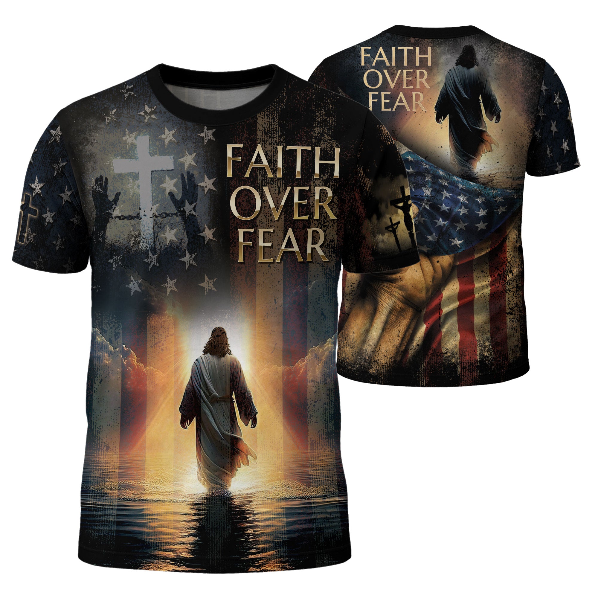 Christian Tee Shirts, Faith Over Fear Jesus Walks On Water Patriotic - Freedom Shirts for Men, RustField Co - Rust Field Wear