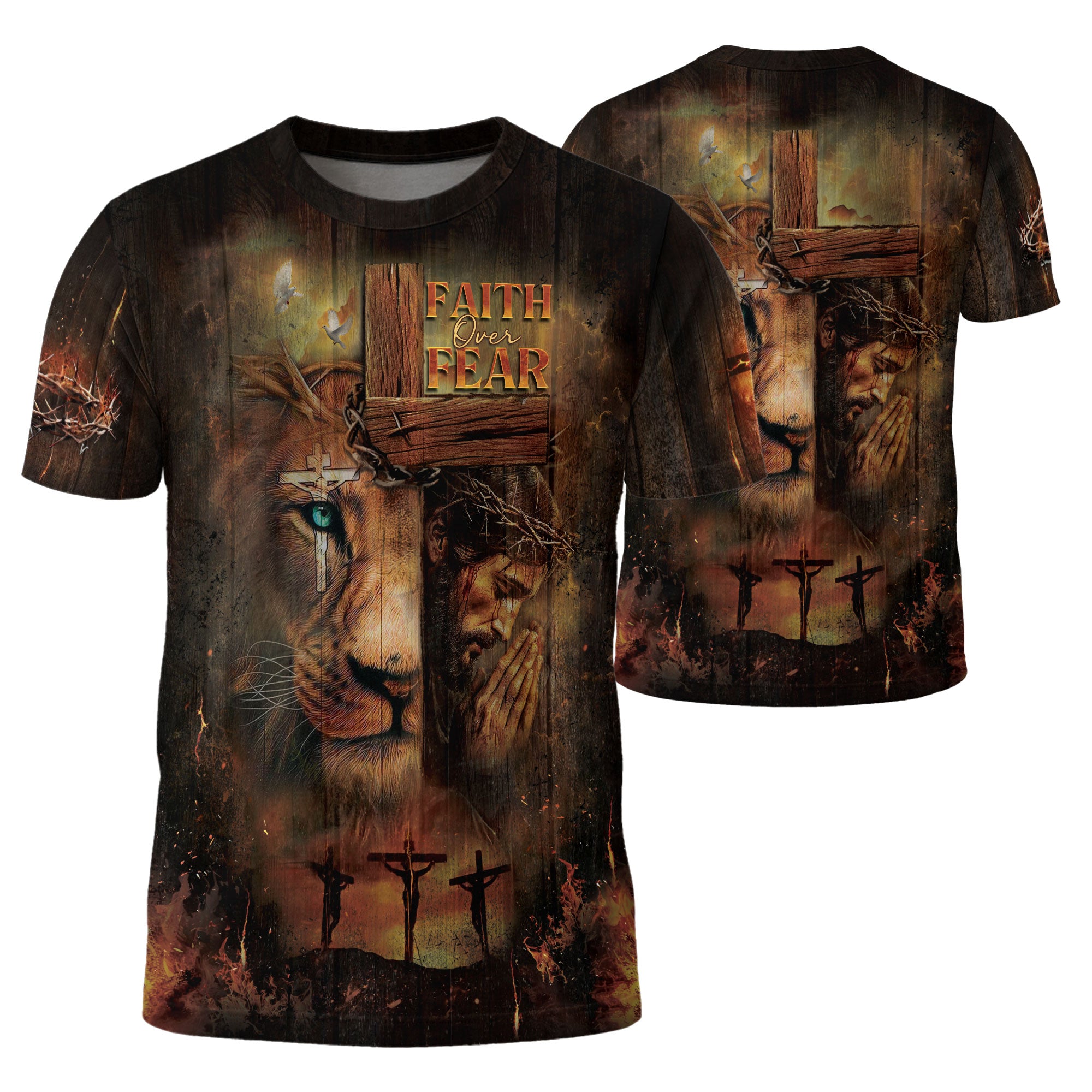 Faith Over Fear Lion and Cross Stand bold your - RustField Co Freedom Shirts, Christian Tee Shirts for Men - Rust Field Wear