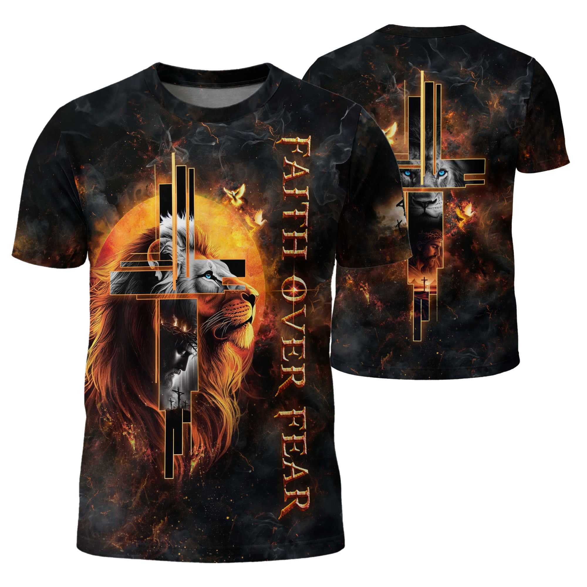 RustField Co Freedom Shirts - Faith Over Fear Cross Lion and Jesus, Christian Tee Shirts for Men - Rust Field Wear