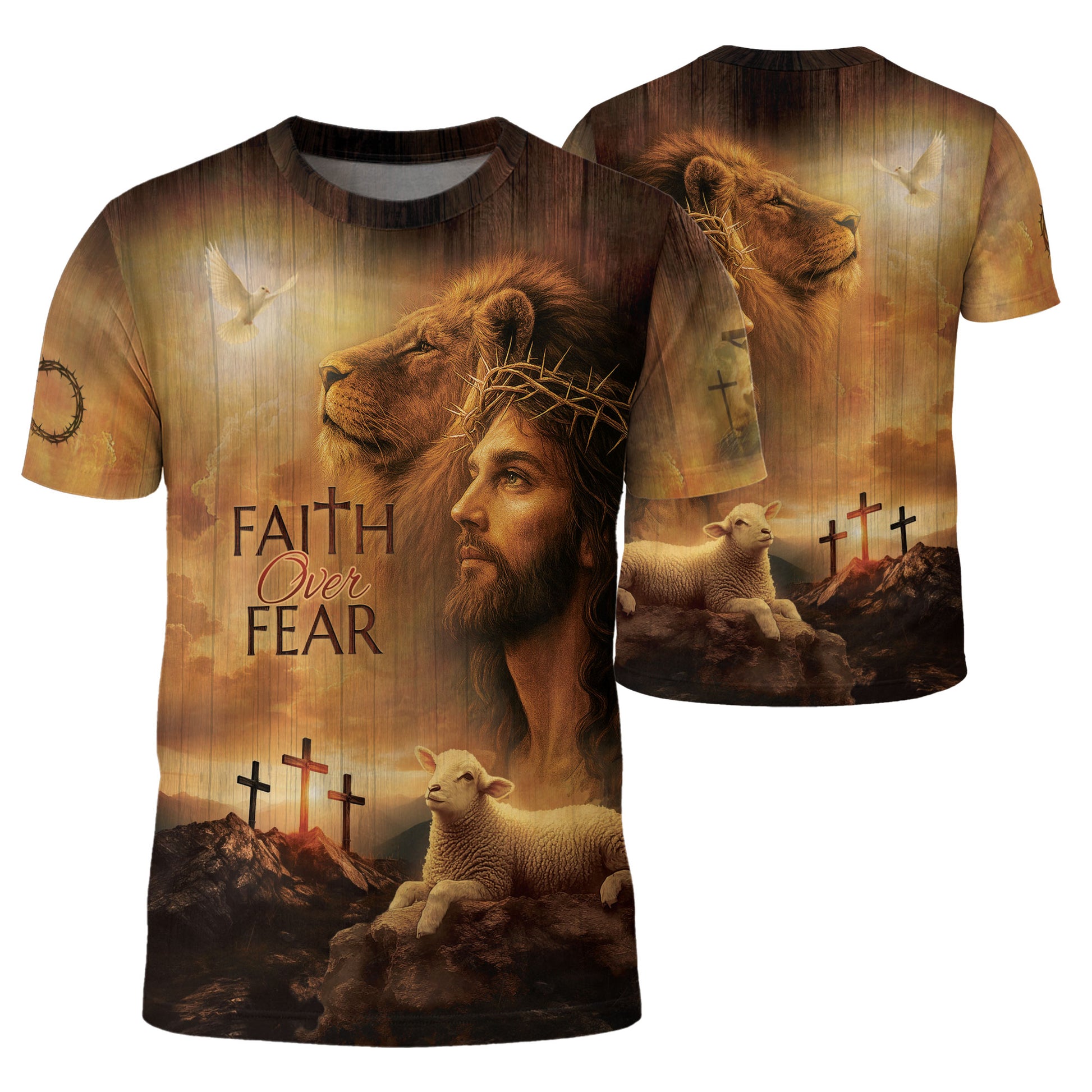 Christian Tee Shirts for Men - Faith Over Fear Lion Jesus and Lamb, RustField Co Freedom Shirts - Rust Field Wear