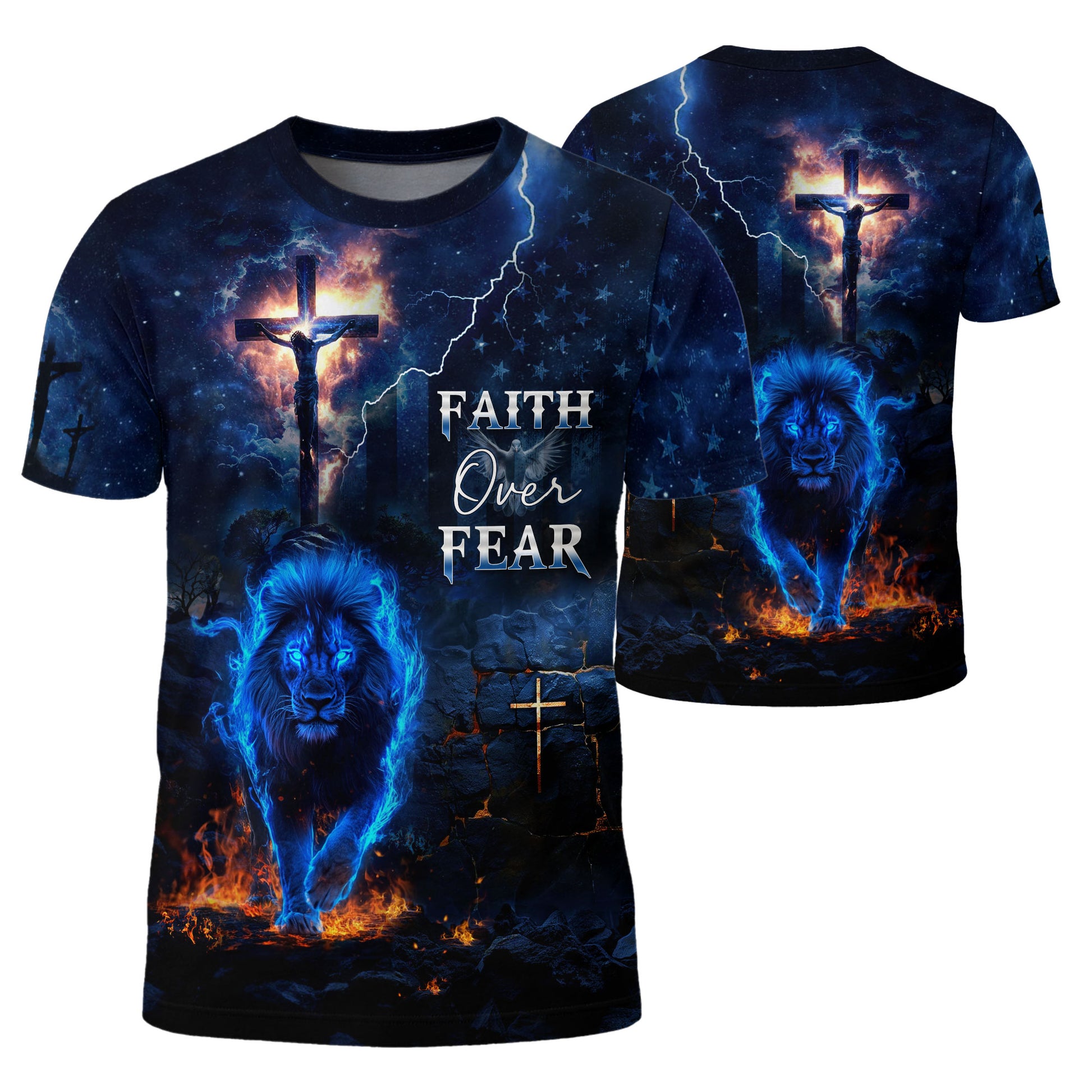 Faith Over Fear Fire Lion And Crucifixion - Christian Tee Shirts for Men, Freedom Shirts, RustField Co - Rust Field Wear