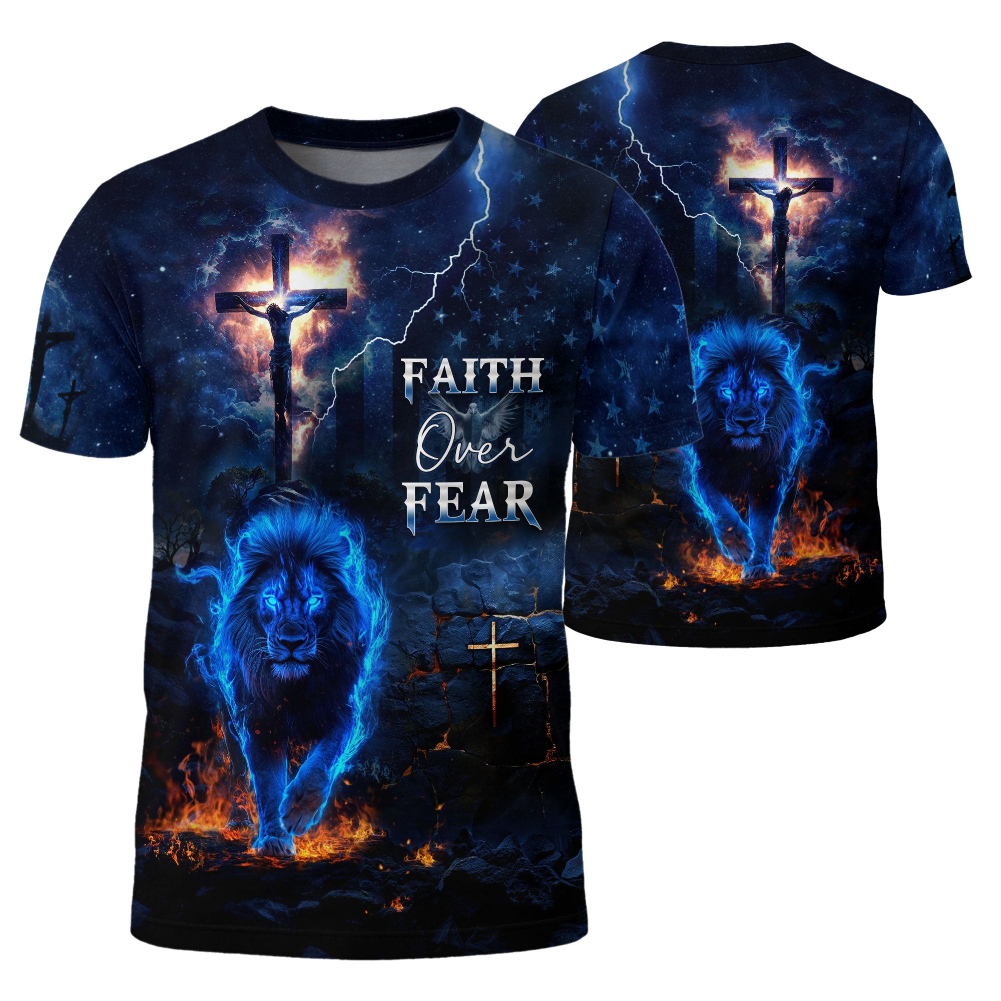 Faith Over Fear Fire Lion And Crucifixion - Christian Tee Shirts for Men, Freedom Shirts, RustField Co - Rust Field Wear