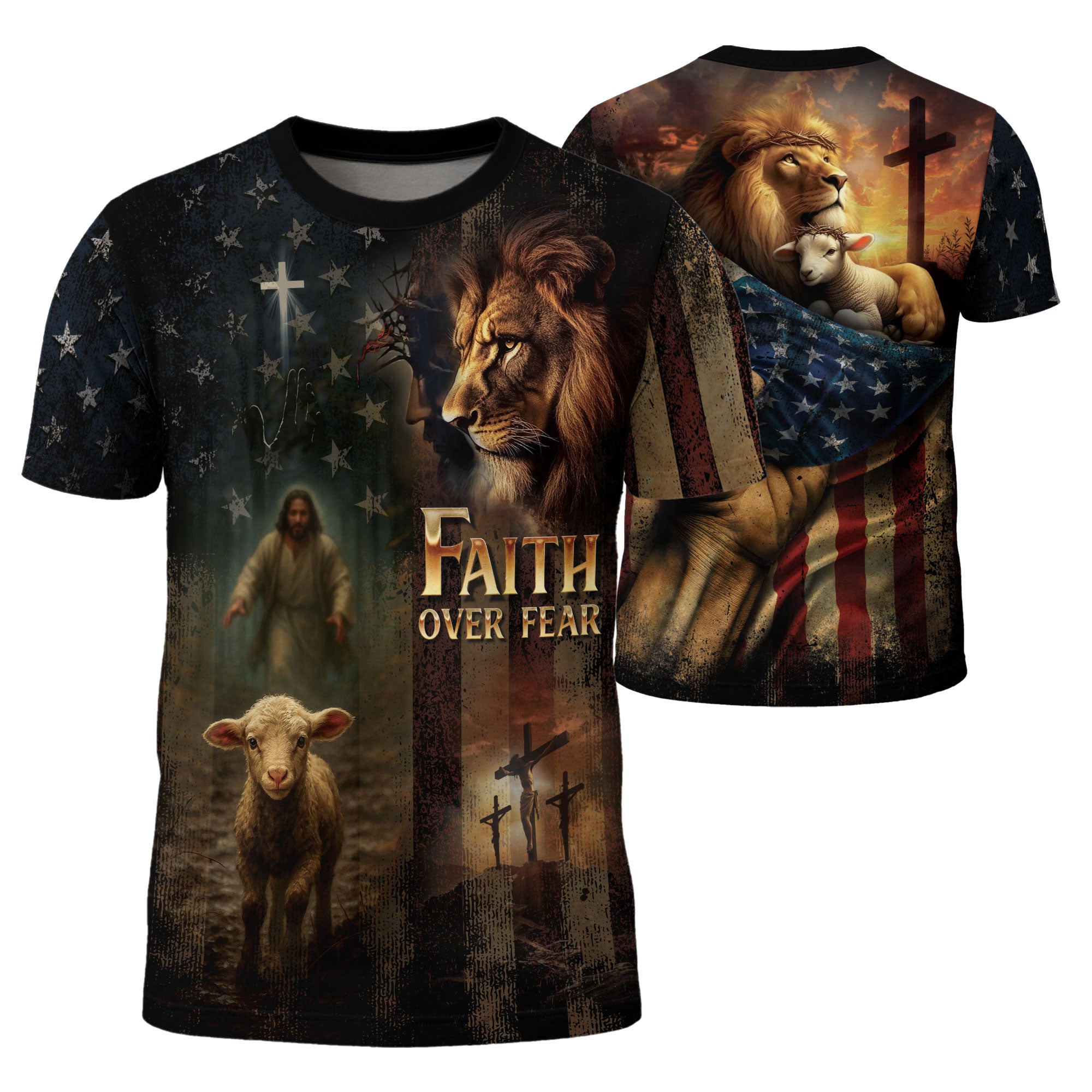 Faith Over Fear Lion and Lamb Cross Christian Tee Shirts - Freedom Shirts for Men, RustField Co - Rust Field Wear