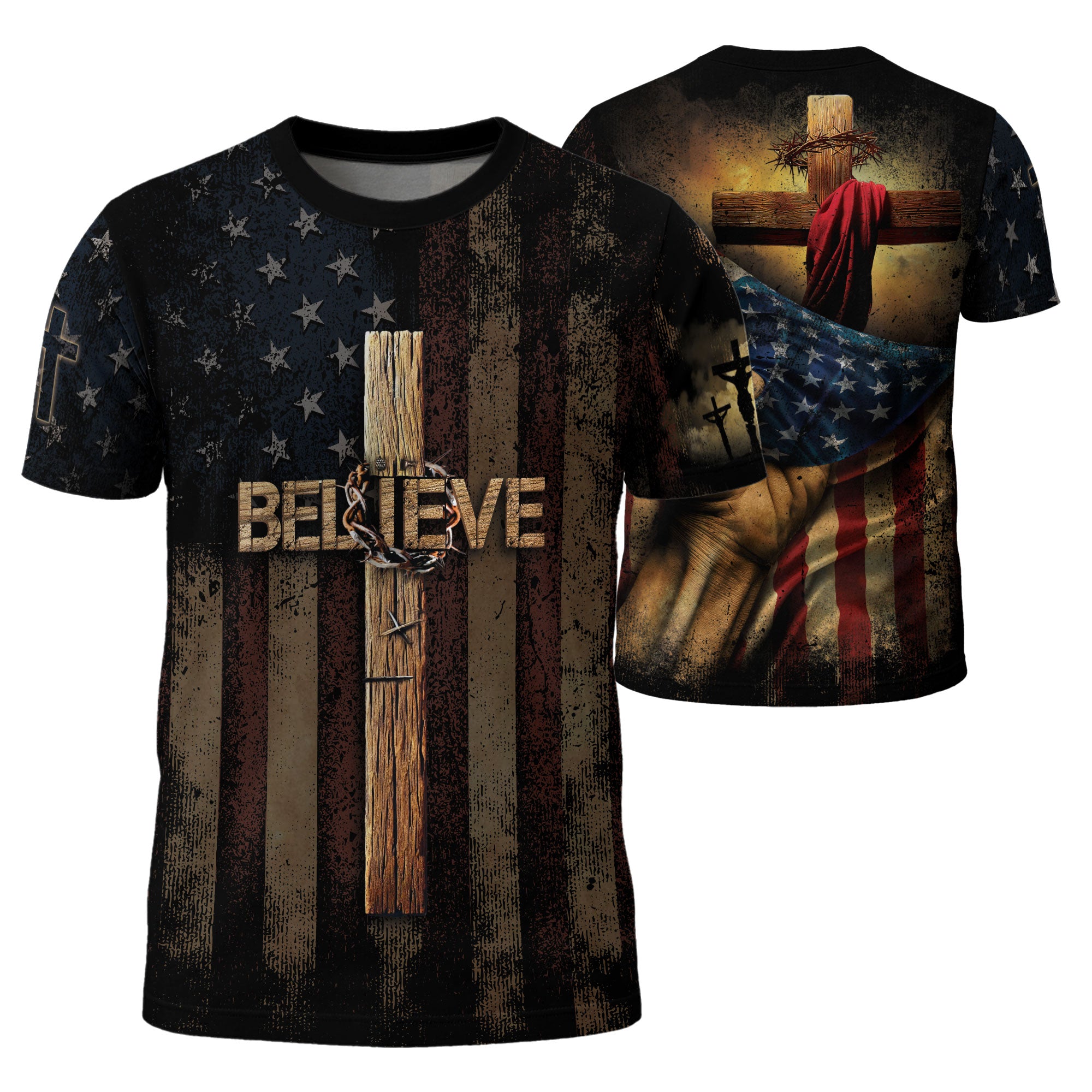 Freedom Shirts for Men, Believe in the Cross American Faith with Crucified Savior - Christian Tee Shirts, RustField Co - Rust Field Wear