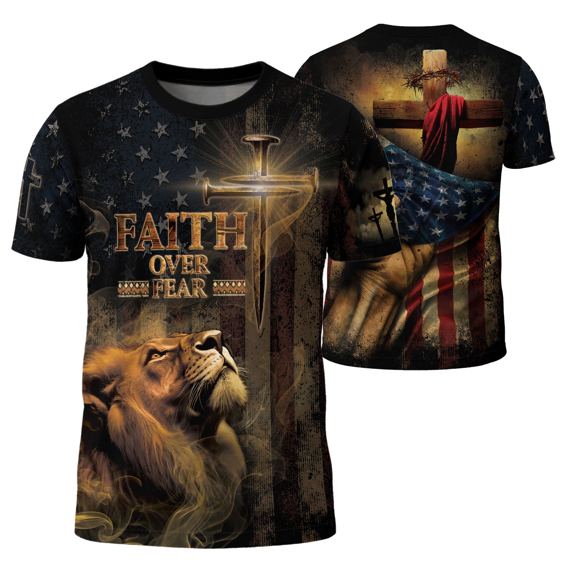 Faith Over Fear Lion of Judah and Patriot Cross - RustField Co Freedom Shirts, Christian Tee Shirts for Men - Rust Field Wear