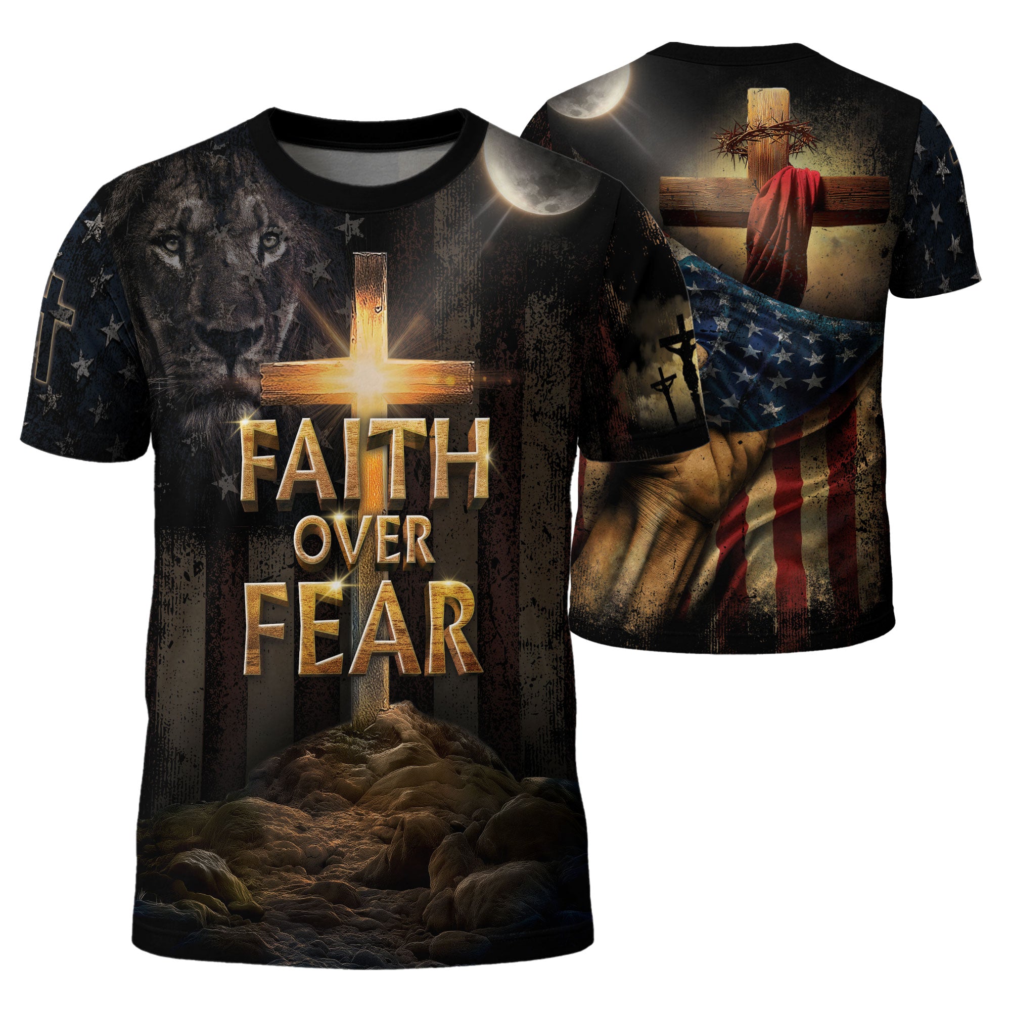 RustField Co Freedom Shirts - Faith Over Fear Cross of Light and Warrior Lion, Christian Tee Shirts for Men - Rust Field Wear