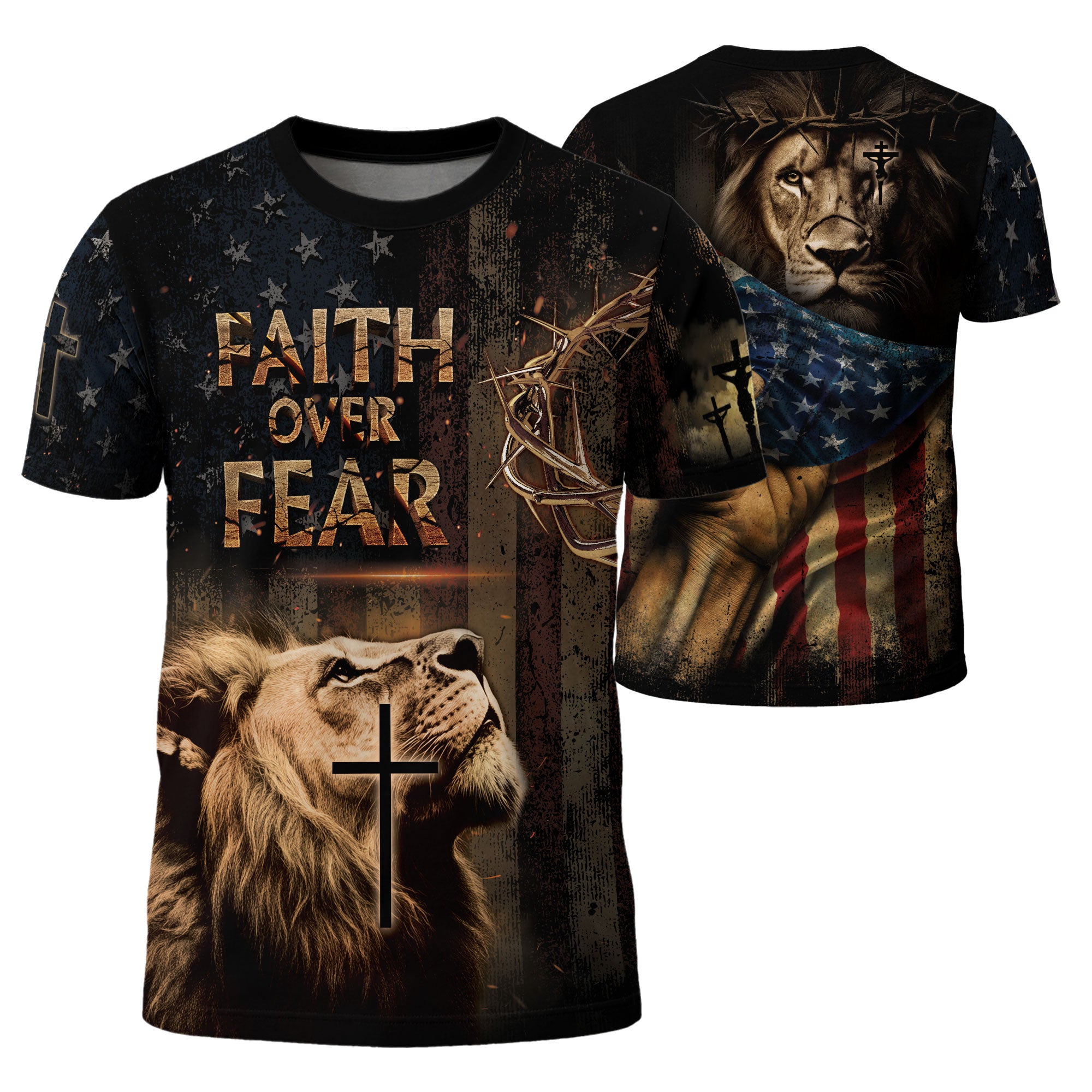 Faith Over Fear Rugged Cross and Warrior Lion Patriotic Christian Tee Shirts - Freedom Shirts for Men, RustField Co - Rust Field Wear