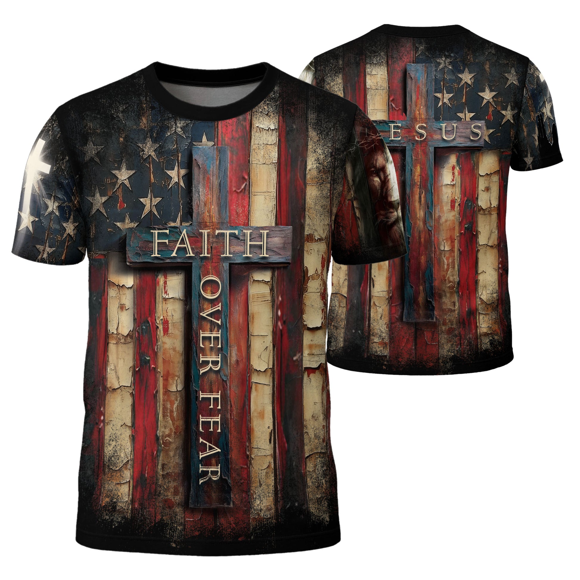 Christian Tee Shirts for Men - Faith Over Fear Cross Rustic American Flag, RustField Co Freedom Shirts - Rust Field Wear