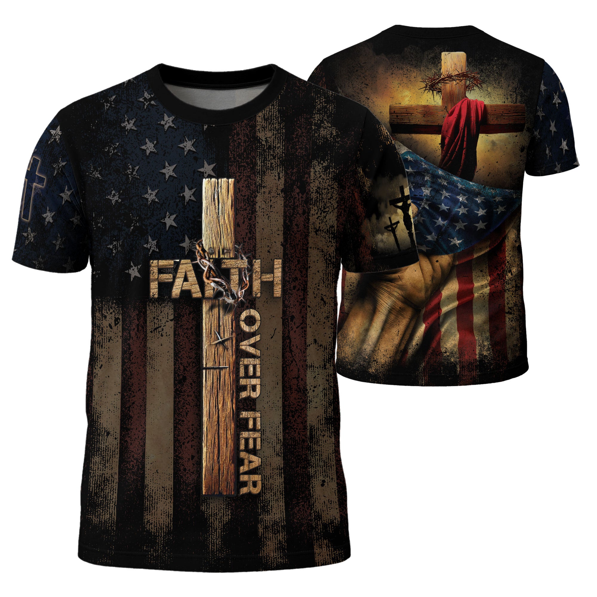 FAITH OVER FEAR Cross and Crown of Thorns Patriotic - Christian Tee Shirts for Men, Freedom Shirts, RustField Co - Rust Field Wear