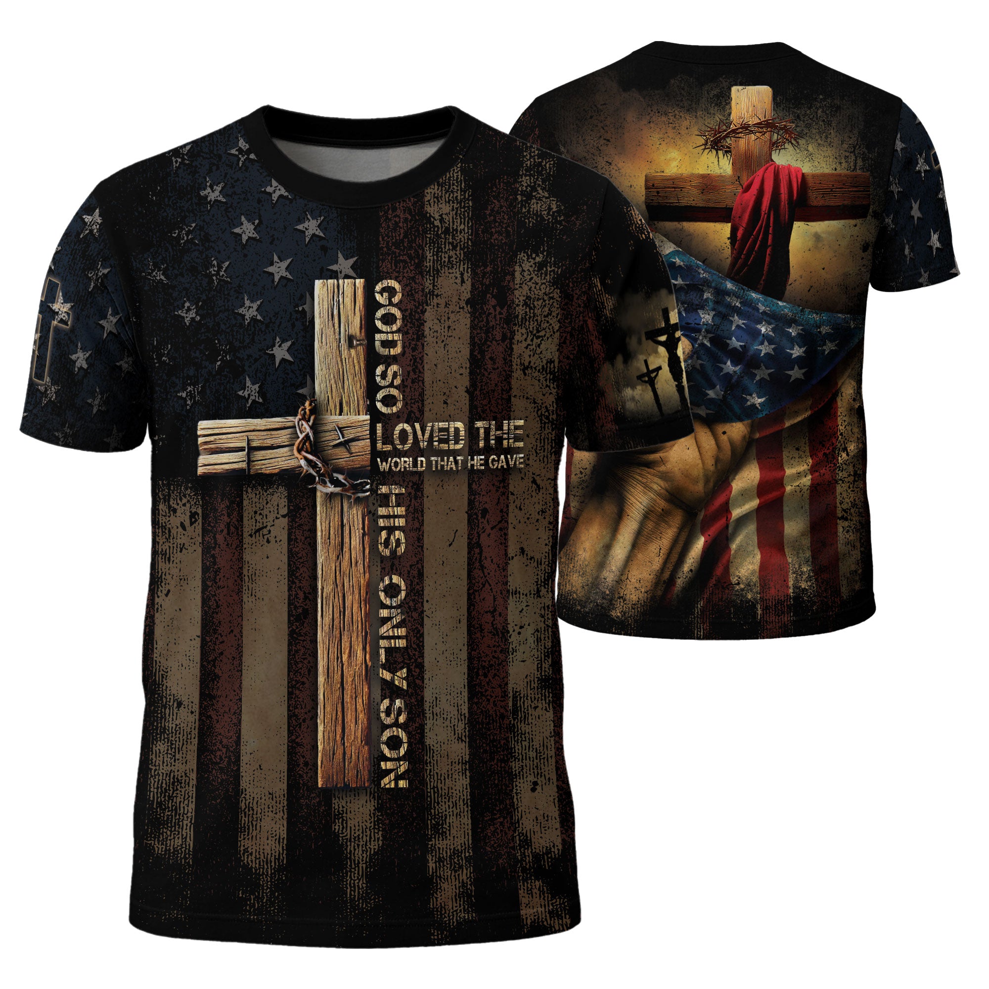 God So Loved The World John 3 16 Cross and Crown Patriotic - RustField Co Freedom Shirts, Christian Tee Shirts for Men - Rust Field Wear