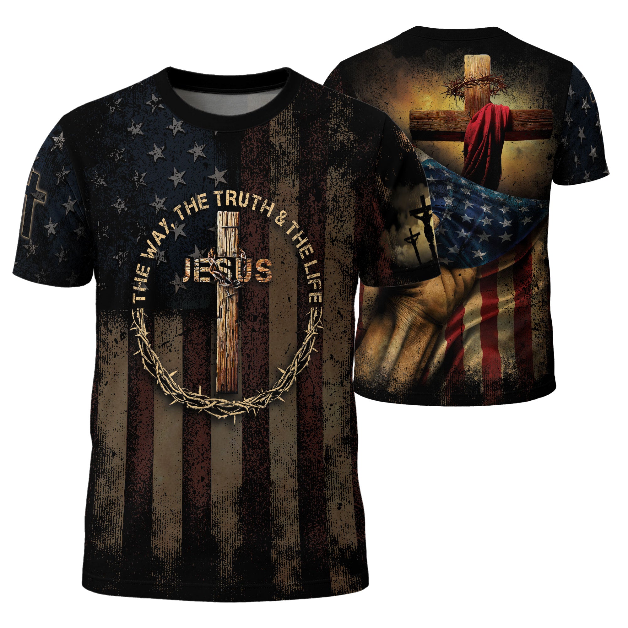 RustField Co Christian Tee Shirts - Jesus The Way The Truth and The Life Crowned Cross Patriotic, Freedom Shirts for Men - Rust Field Wear