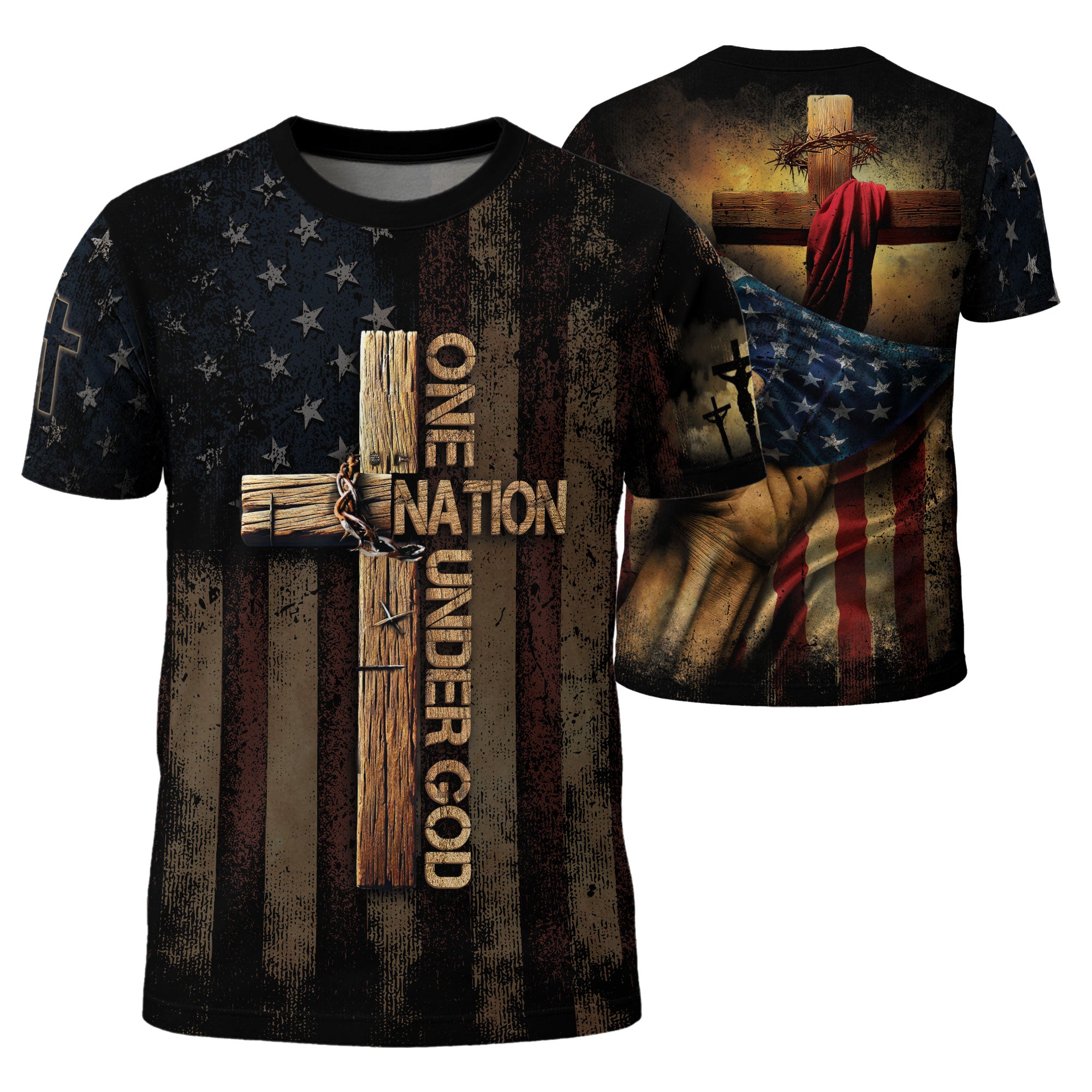 One Nation Under God Rugged Cross and Crucified Savior Patriotic - RustField Co Freedom Shirts, Christian Tee Shirts for Men - Rust Field Wear