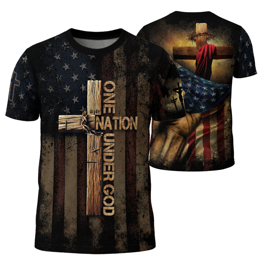 One Nation Under God Rugged Cross and Crucified Savior Patriotic - RustField Co Freedom Shirts, Christian Tee Shirts for Men