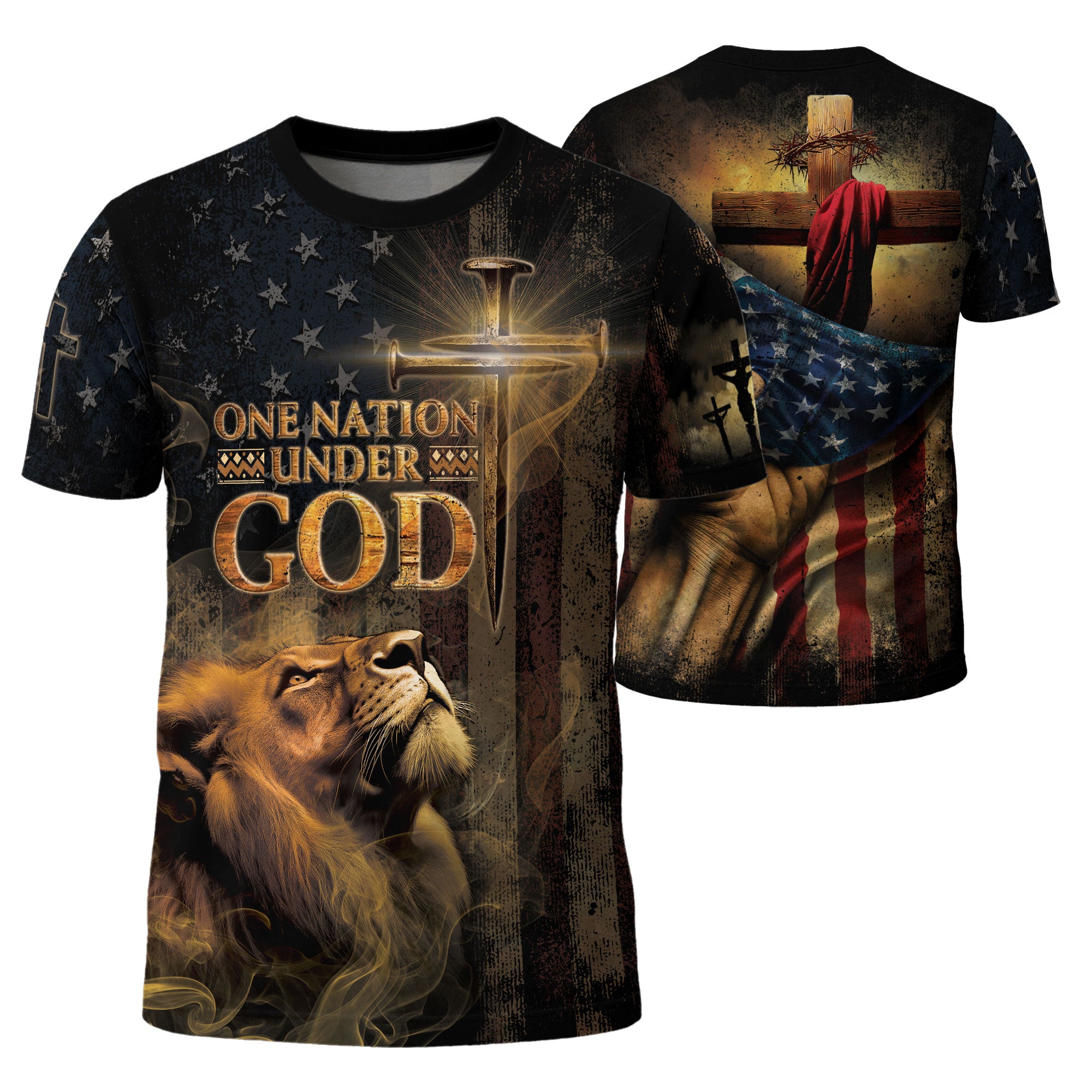 RustField Co, One Nation Under God Patriotic with Lion and Cross - Christian Tee Shirts for Men, Freedom Shirts - Rust Field Wear