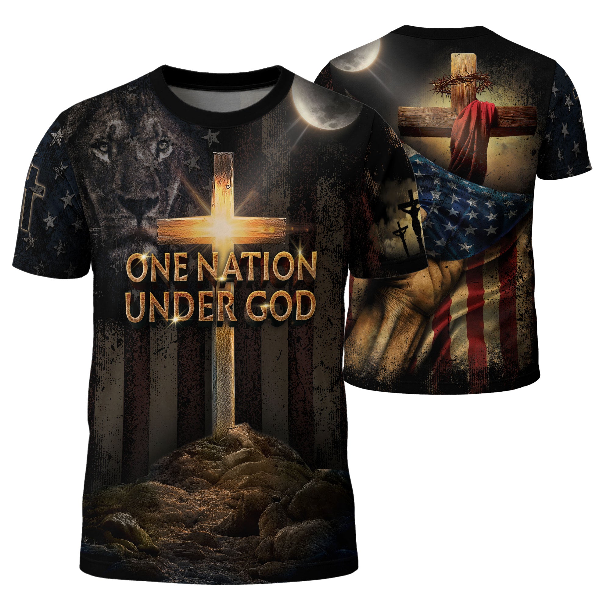Freedom Shirts - One Nation Under God Cross of Glory and Lion in Shadow, Christian Tee Shirts for Men, RustField Co - Rust Field Wear