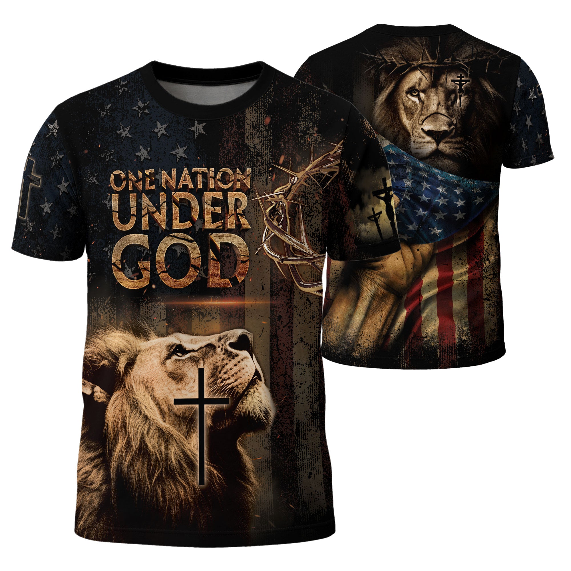 Christian Tee Shirts for Men, RustField Co - One Nation Under God Lion of Judah and Cross Shield, Freedom Shirts - Rust Field Wear