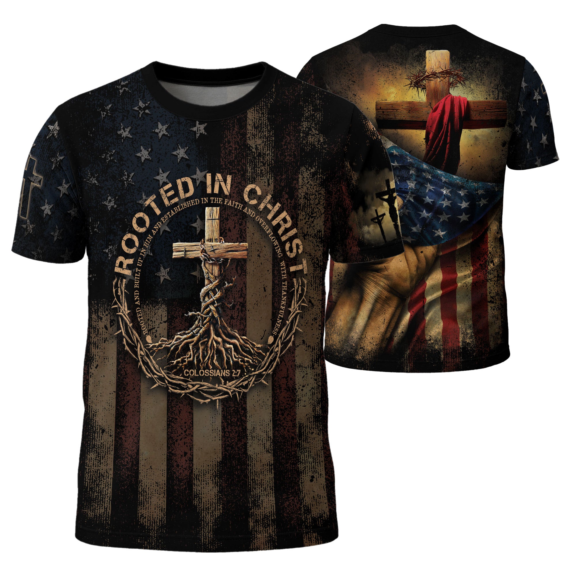 Rooted in Christ Colossians 2 7 and Crown of Thorns Patriotic - Christian Tee Shirts for Men, Freedom Shirts, RustField Co - Rust Field Wear