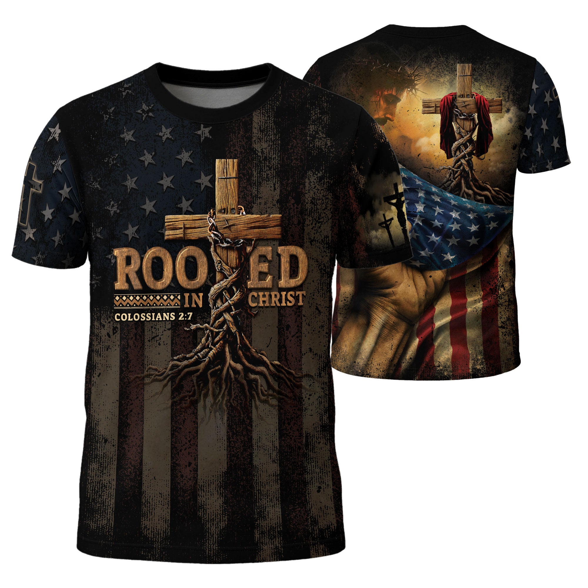 RustField Co Freedom Shirts - Rooted in Christ Colossians 2 7 Cross and Vine Patriot, Christian Tee Shirts for Men - Rust Field Wear