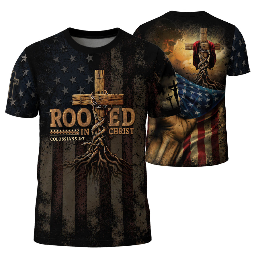 RustField Co Freedom Shirts - Rooted in Christ Colossians 2 7 Cross and Vine Patriot, Christian Tee Shirts for Men