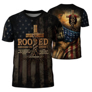 Rooted in Christ Colossians 2 7 Cross and American Flag Christian Tee Shirts - Freedom Shirts for Men, RustField Co - Rust Field Wear