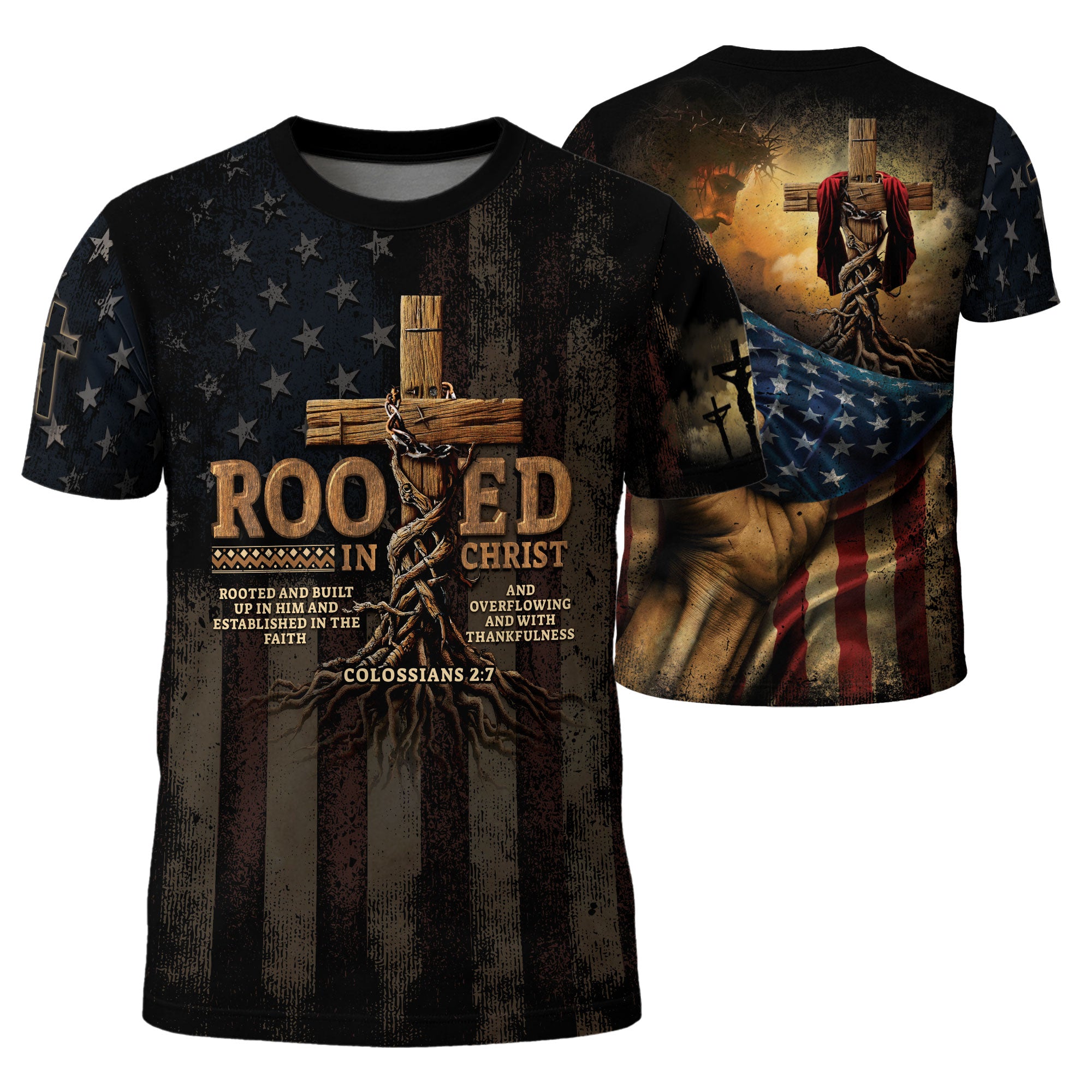 Rooted in Christ Colossians 2 7 Cross and American Flag Christian Tee Shirts - Freedom Shirts for Men, RustField Co - Rust Field Wear