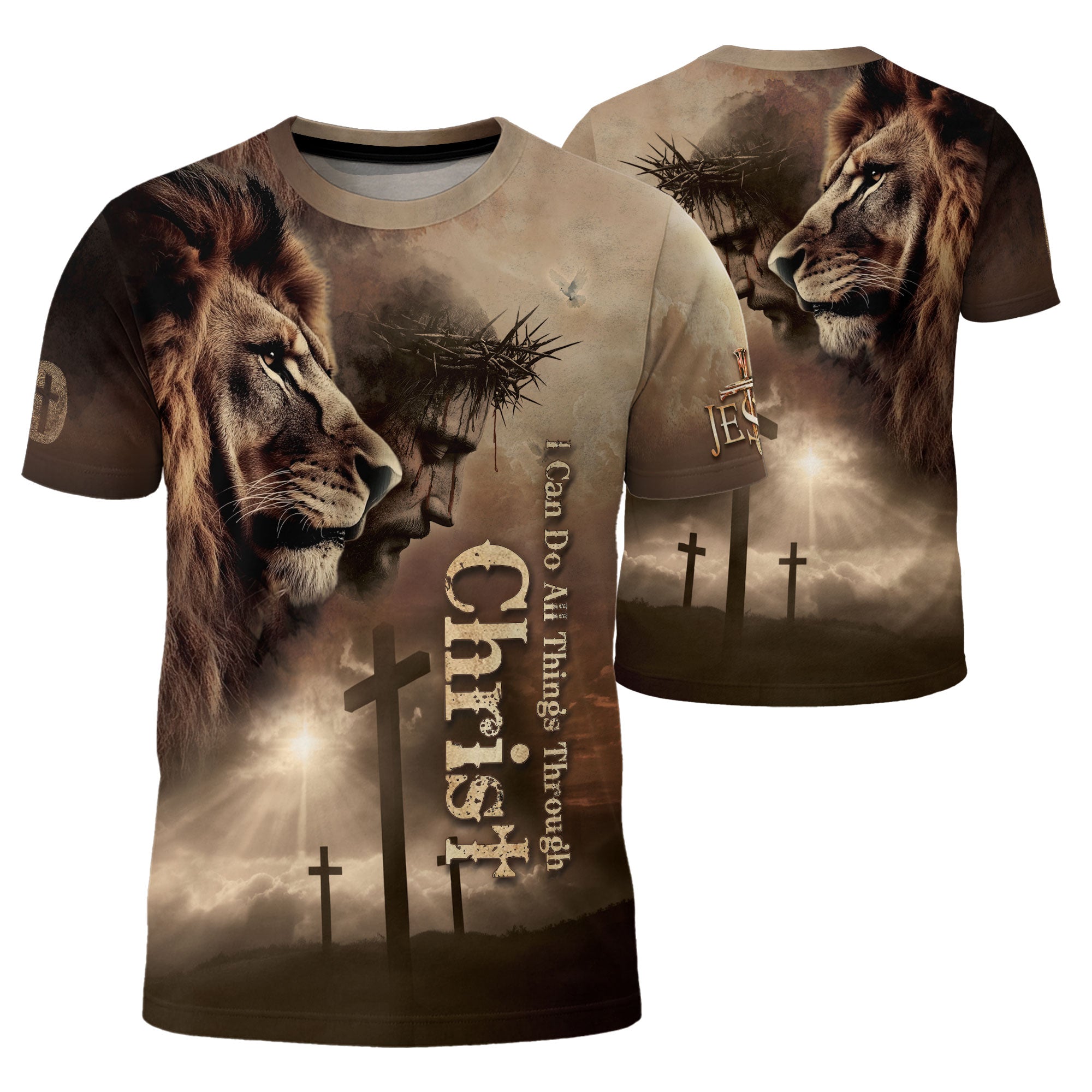 Christian Tee Shirts for Men - Through Christ I Stand Lion and Cross Faith, RustField Co Freedom Shirts - Rust Field Wear