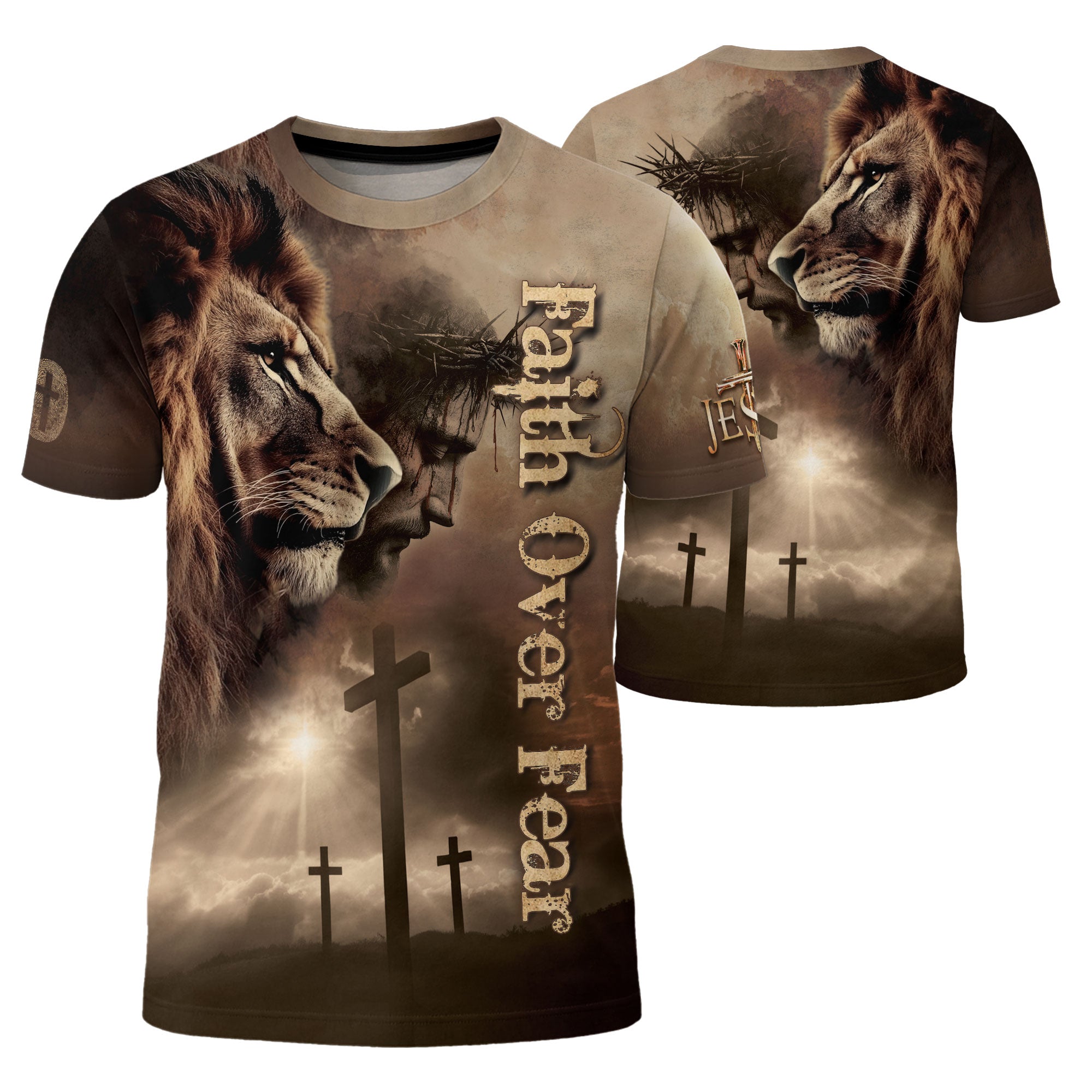 RustField Co Freedom Shirts - Faith Over Fear Jesus Lion and Cross Inspirational, Christian Tee Shirts for Men - Rust Field Wear