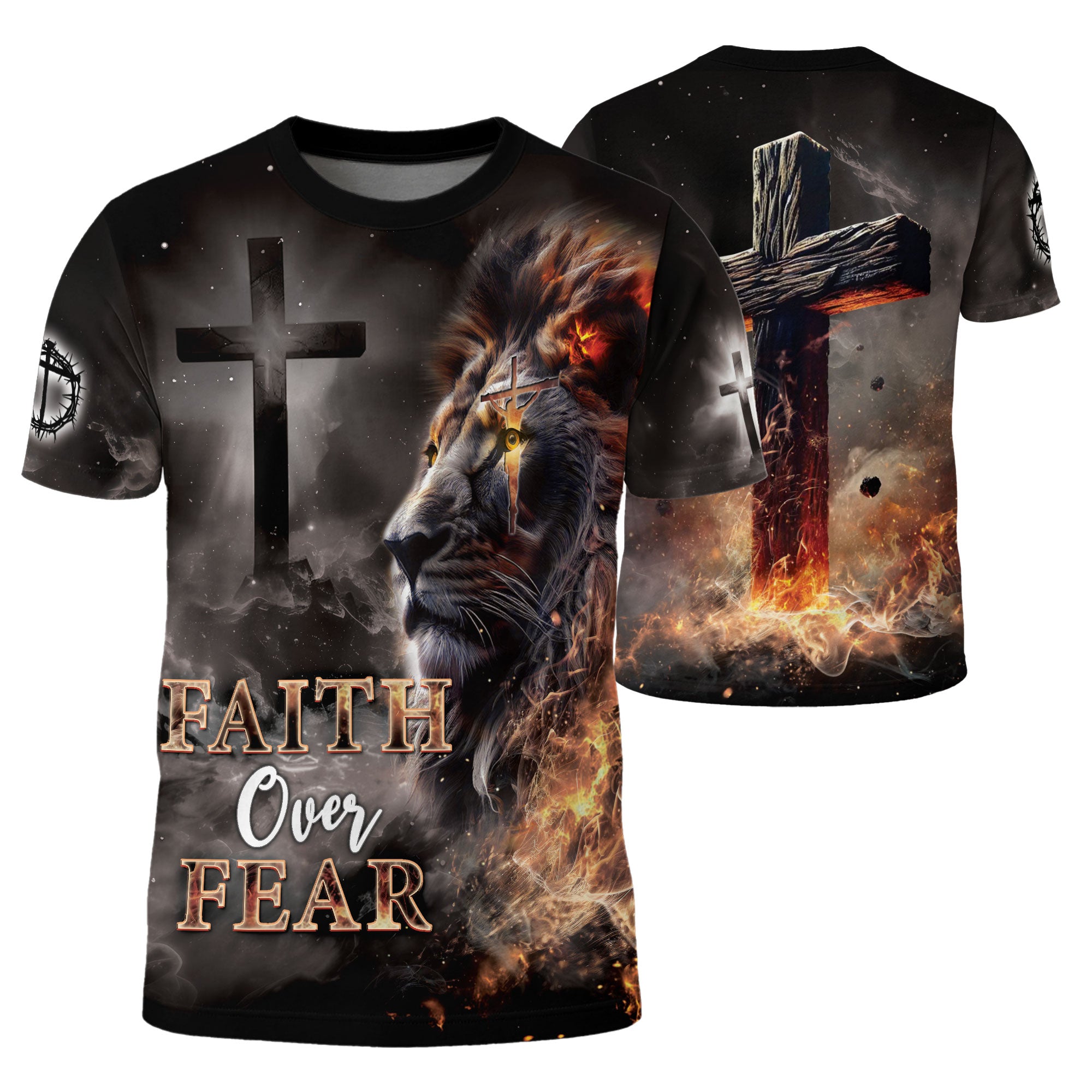 Christian Tee Shirts for Men - Faith Over Fear Lion and Cross, RustField Co Freedom Shirts - Rust Field Wear