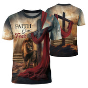 Freedom Shirts for Men, Faith Over Fear with Cross and Lion Draped in Robe - Christian Tee Shirts, RustField Co - Rust Field Wear