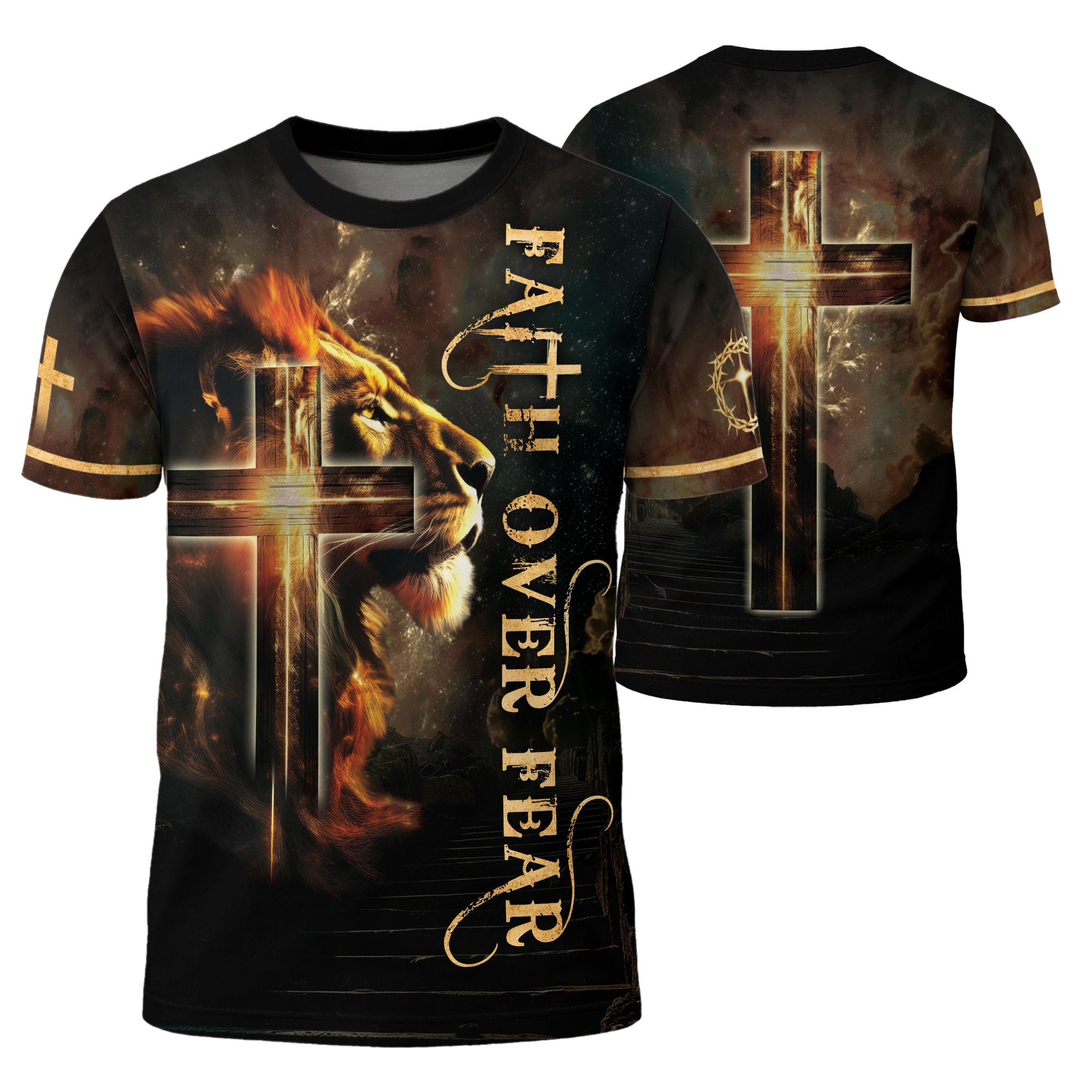 RustField Co Christian Tee Shirts - Faith Over Fear with Fiery Lion and Glowing Cross, Freedom Shirts for Men - Rust Field Wear