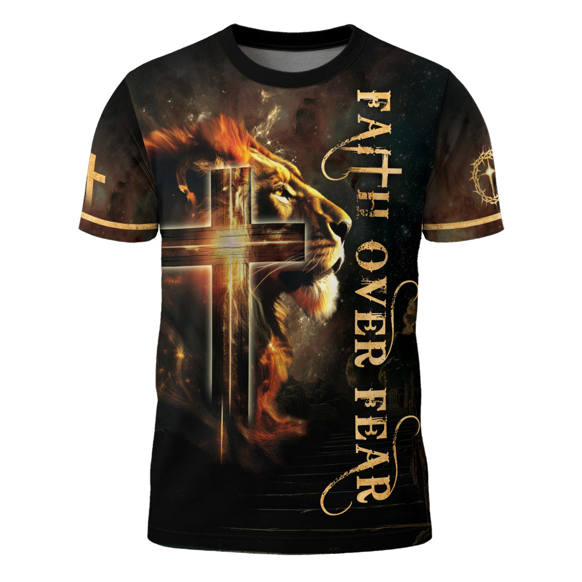Faith Over Fear with Fiery Lion and Glowing Cross Graphic Tee for Men, Christian Tee Shirts, Jesus Shirt, Men's Faith Gift, Rustfield Co. - Rust Field Wear