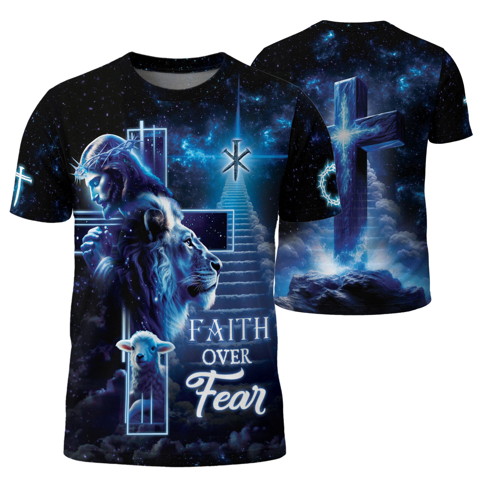 Faith Over Fear Heaven's Lion Lamb and Cross Vision - Christian Tee Shirts for Men, Freedom Shirts, RustField Co - Rust Field Wear