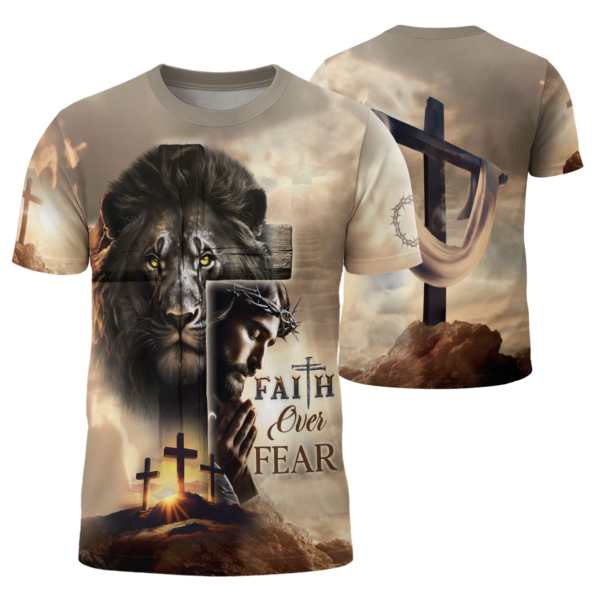 RustField Co, Faith Over Fear Blood Stained Cross and Risen Lion - Christian Tee Shirts for Men, Freedom Shirts - Rust Field Wear