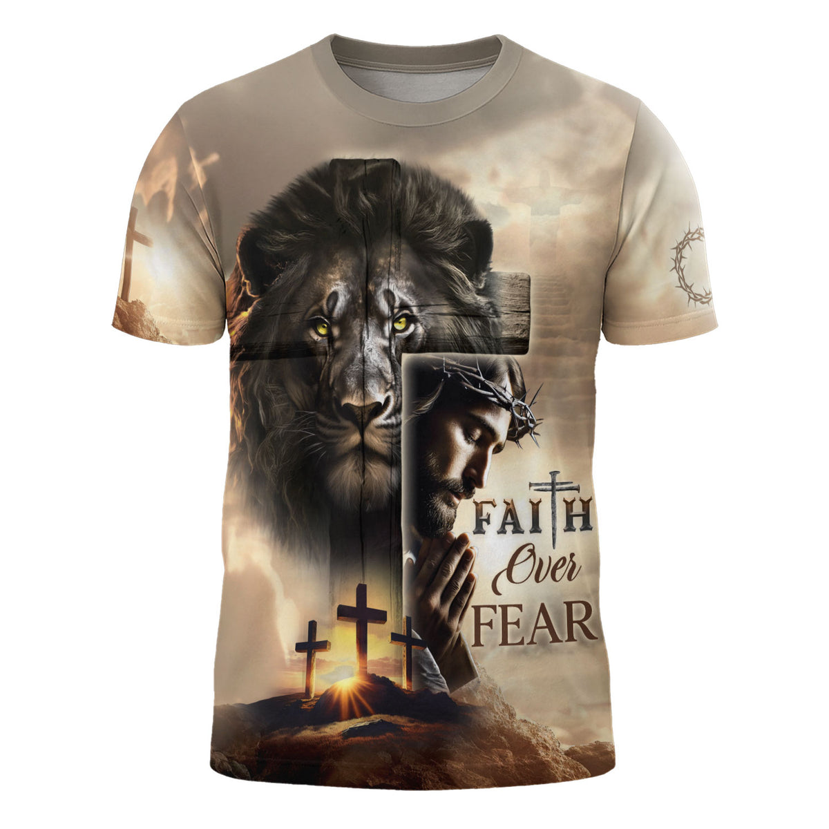 Jesus Shirt for Men, Faith Over Fear Blood Stained Cross and Risen Lion Freedom Christian Graphic Tee, Christian Tee Shirts, Rustfield Co. - Rust Field Wear