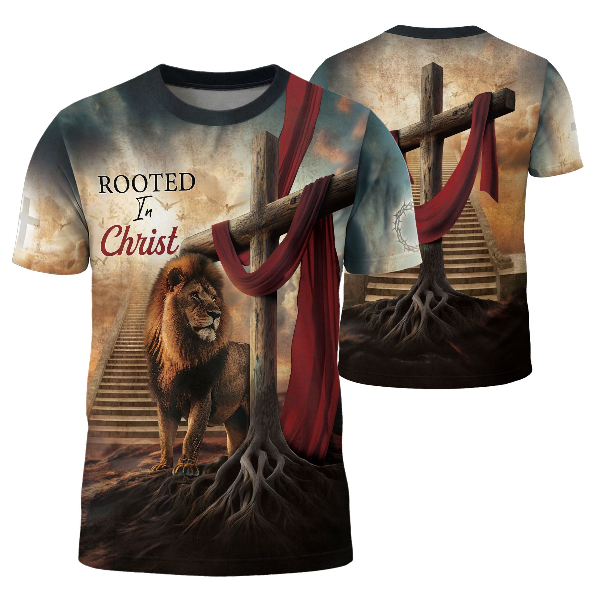 Christian Tee Shirts, Rooted In Christ The Rooted Cross And Lion - Freedom Shirts for Men, RustField Co - Rust Field Wear