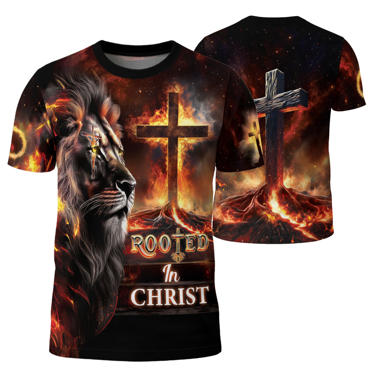 RustField Co, Rooted In Christ The Glowing Rooted Cross And Lion - Christian Tee Shirts for Men, Freedom Shirts - Rust Field Wear