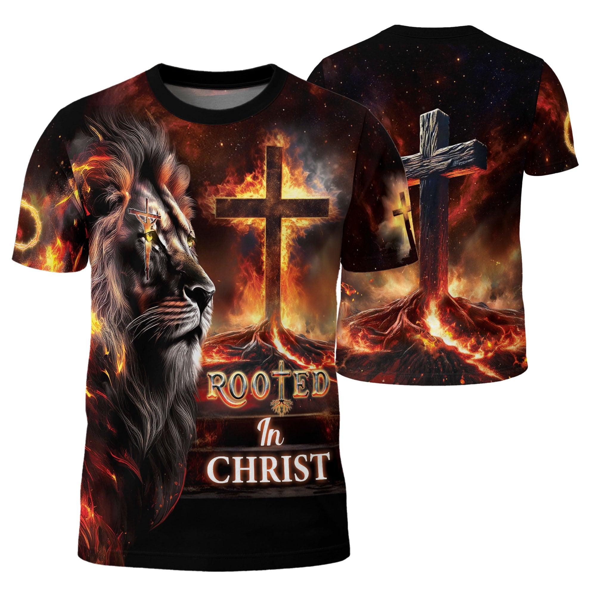 RustField Co, Rooted In Christ The Glowing Rooted Cross And Lion - Christian Tee Shirts for Men, Freedom Shirts - Rust Field Wear