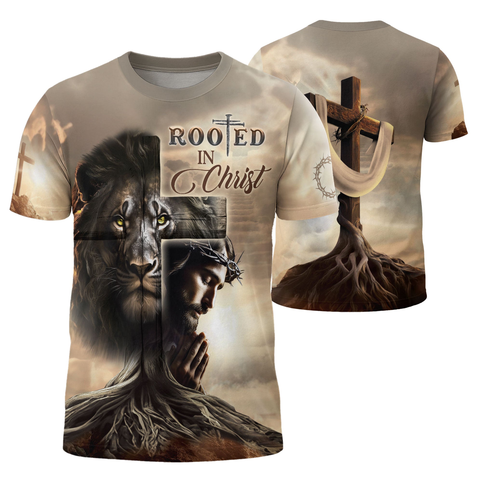 Rooted In Christ Lion And Savior In The Cross - RustField Co Freedom Shirts, Christian Tee Shirts for Men - Rust Field Wear