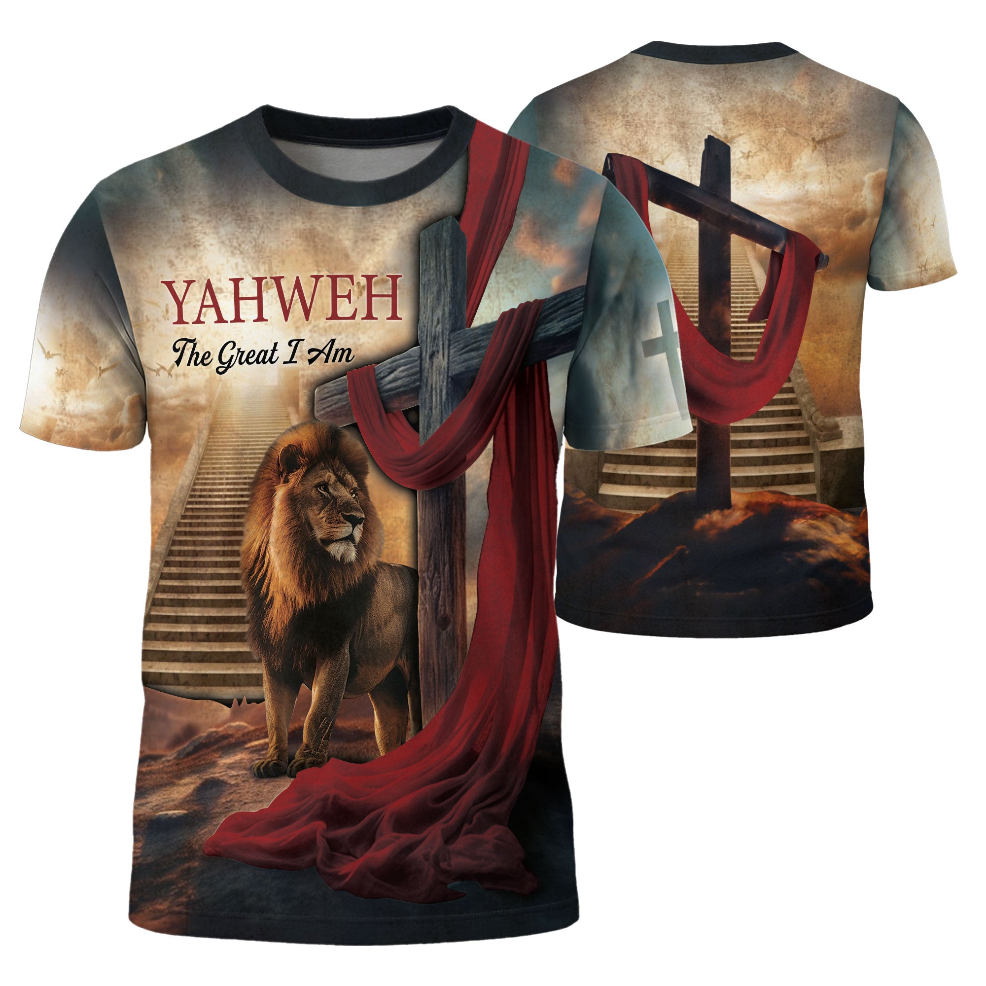 Christian Tee Shirts for Men, RustField Co - Yahweh and The Lion By The Cross, Freedom Shirts - Rust Field Wear