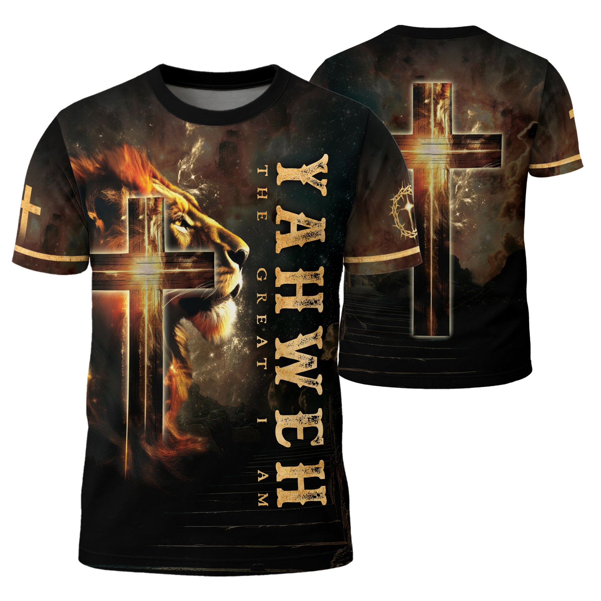 Yahweh The Great I Am Lion and Fiery Cross - RustField Co Freedom Shirts, Christian Tee Shirts for Men - Rust Field Wear