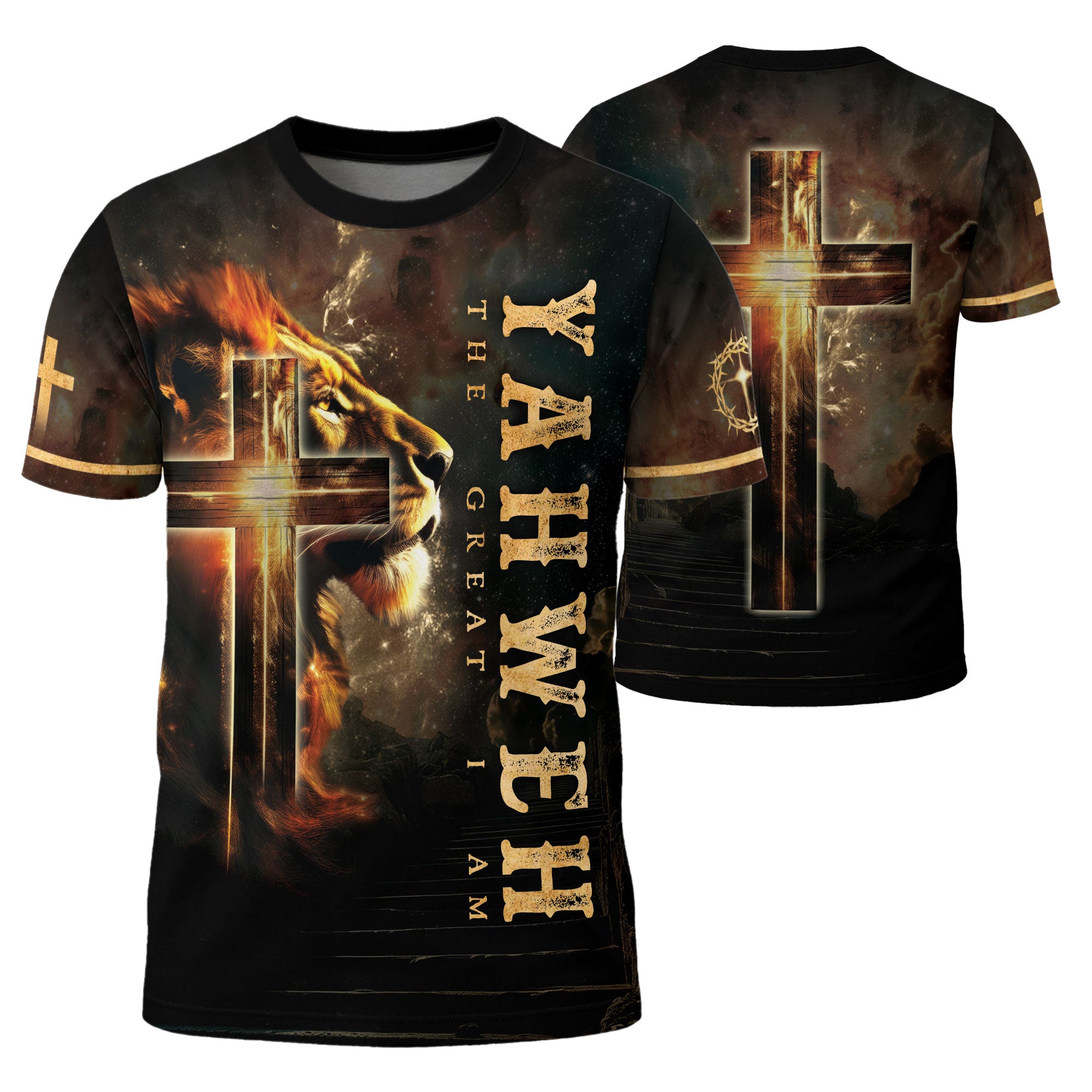 Yahweh The Great I Am Lion and Fiery Cross - RustField Co Freedom Shirts, Christian Tee Shirts for Men - Rust Field Wear