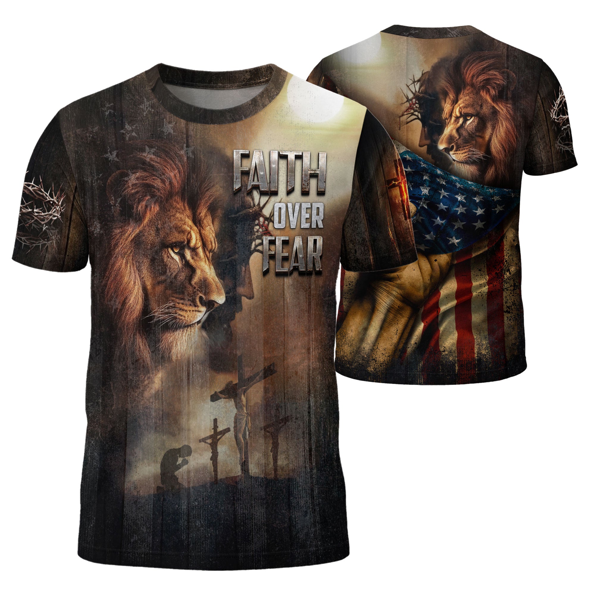 RustField Co, Faith Over Fear Lion and Cross Patriotic - Christian Tee Shirts for Men, Freedom Shirts - Rust Field Wear